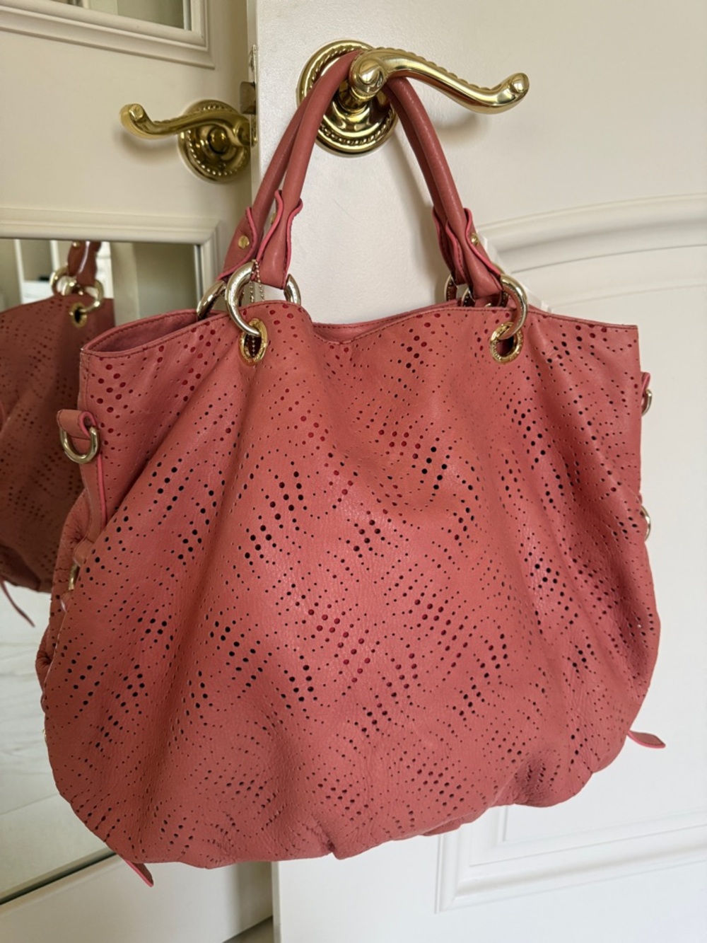 ToscaBlu Italian Leather Handbag. Coral Perforated, Gold Hardware,Shoulder Strap
